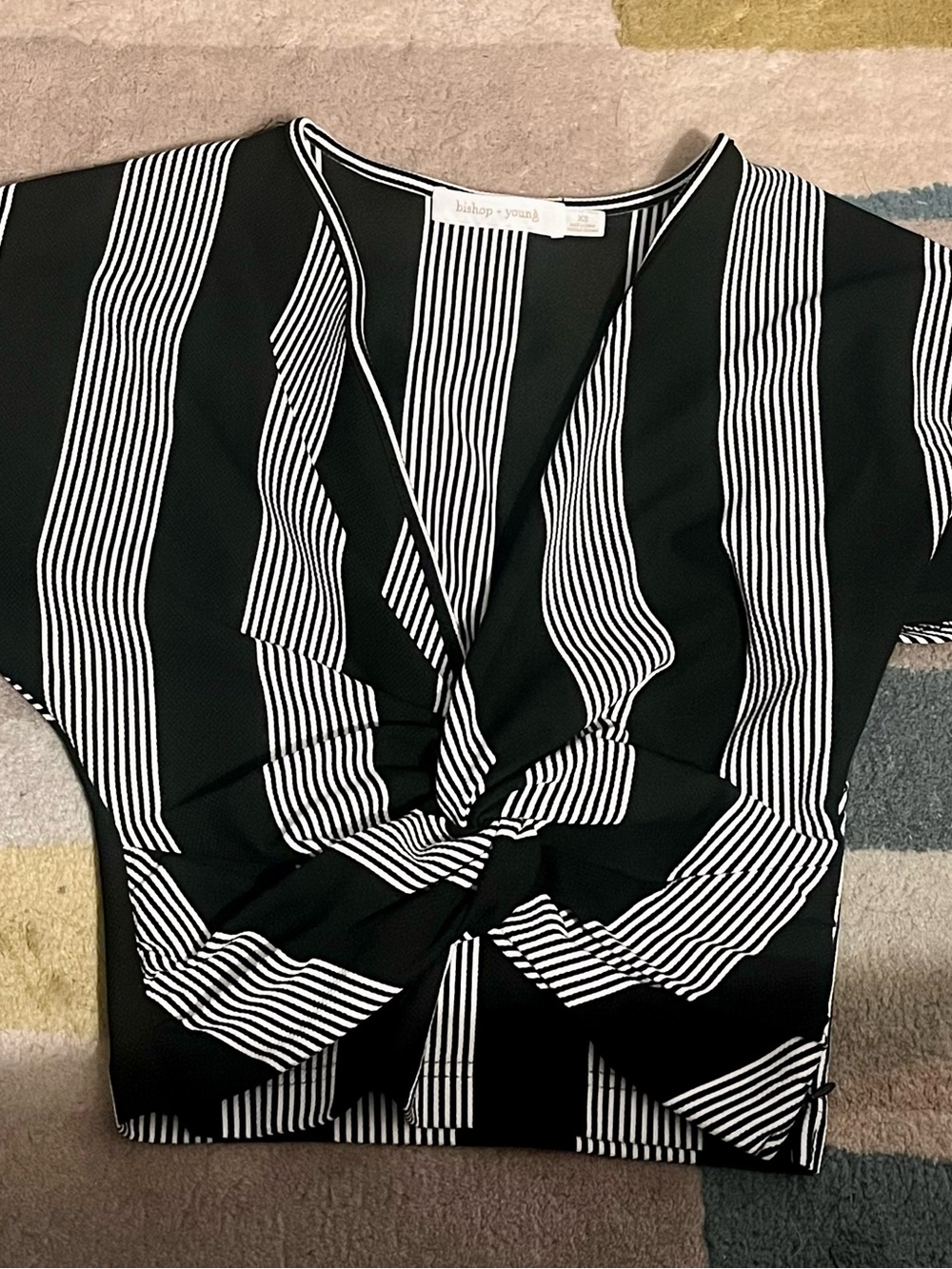 bishop + young Black and White Striped Twist-Front Short Sleeve Top